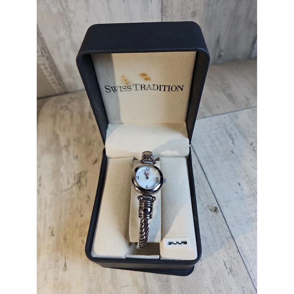 Swiss Tradition Women's Bangle Watch Mother of Pearl Dial Stainless Steel w Box